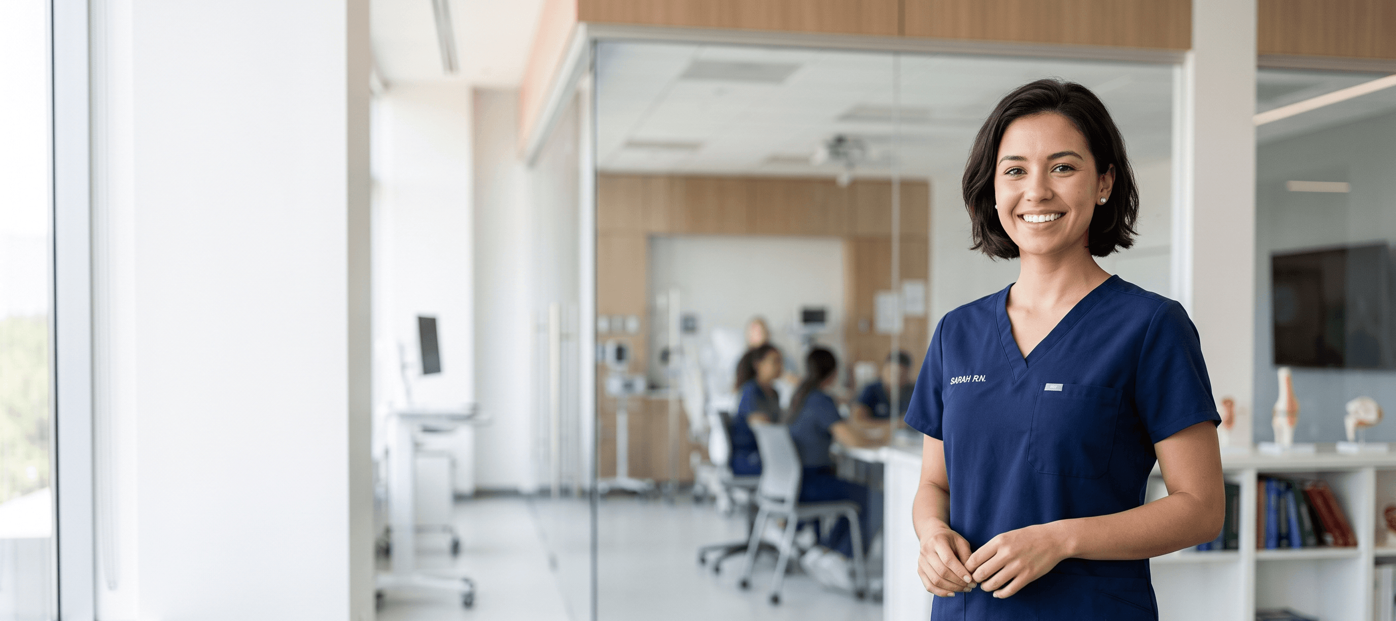Nursing student in scrubs in a modern clinical training space